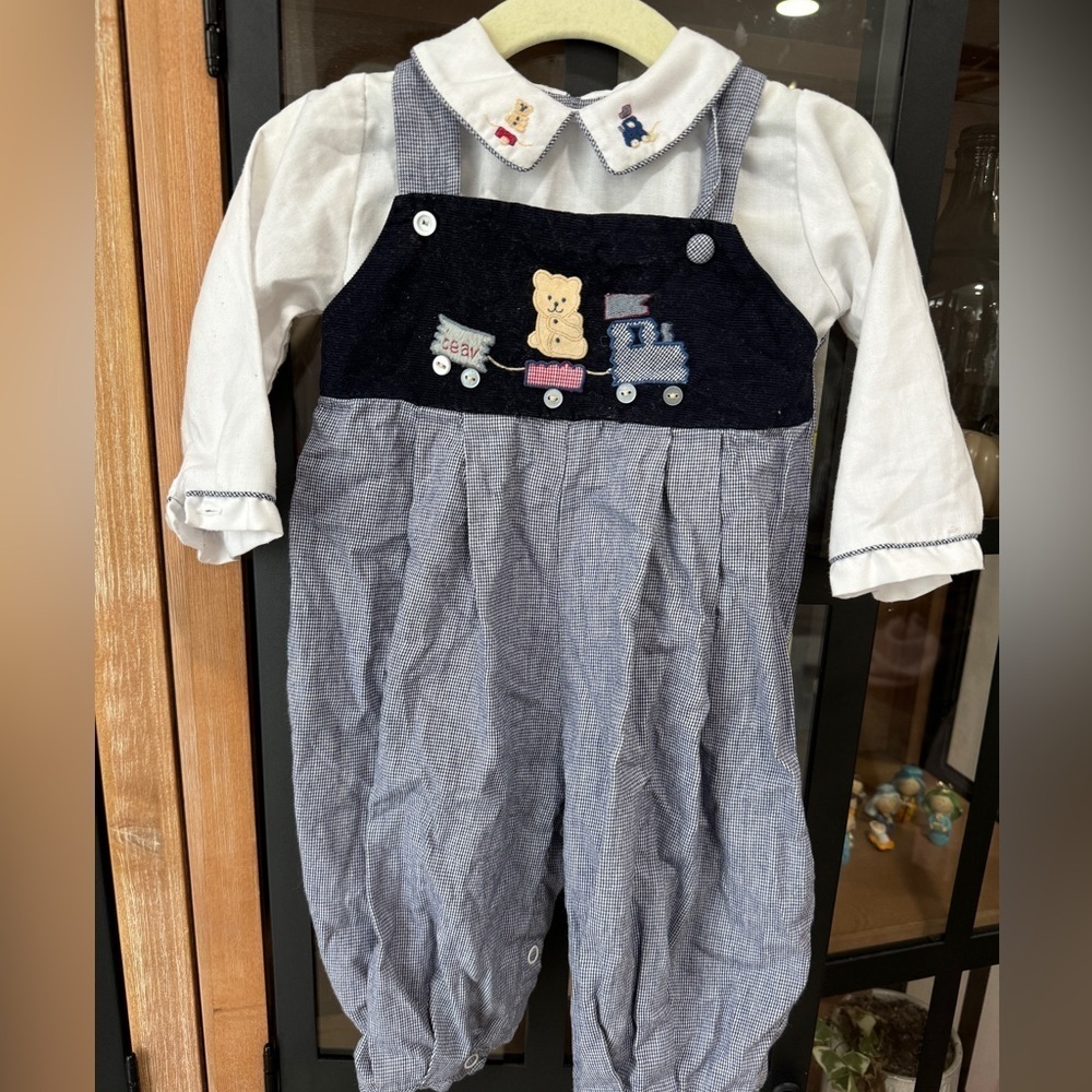 Vintage teddy bear coverall embroidered overalls baby boy collar train gingham - Picture 1 of 9